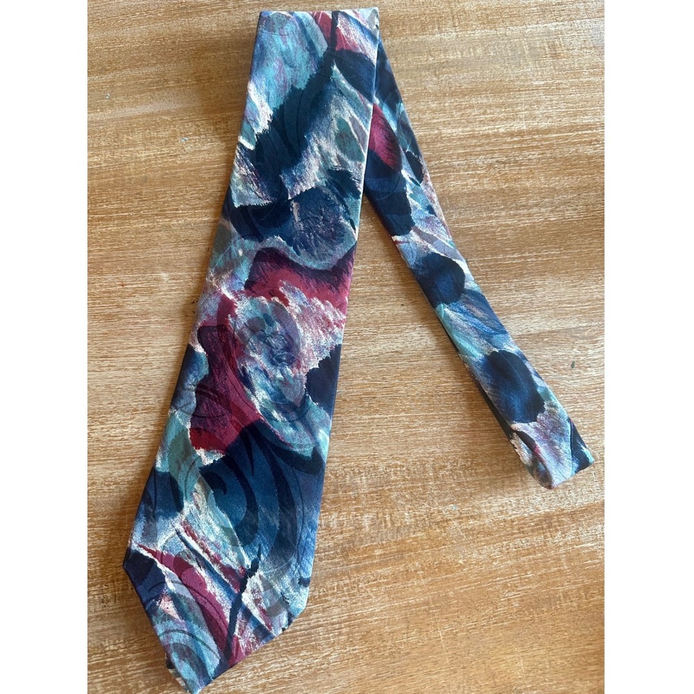 Halston III Mens Abstract Painterly Silk Blend Tie‎ Navy Blue Burgundy Teal